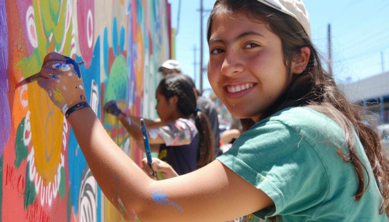 Grupo de adolescentes y jovenes realizan actividades juntos como pintar murales
