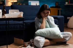 Mujer enferma frustrada traumatizada solitaria sosteniendo la cabeza entre las manos sintiéndose vulnerable