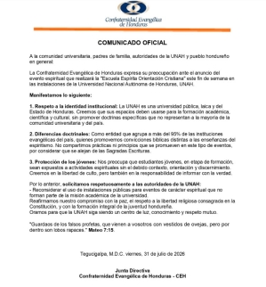 Comunicado de la Confraternidad Evangélica de Honduras