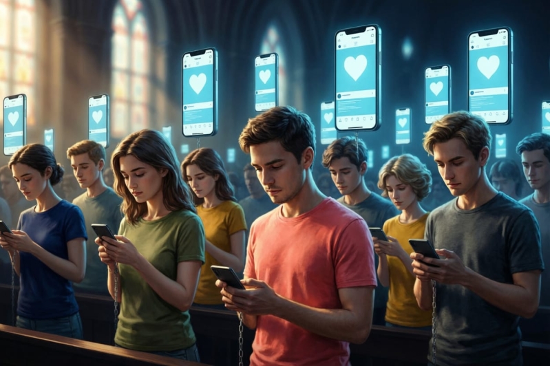 Jovenes cristianos atados a sus telefonos celulares