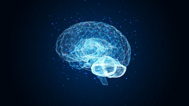 Cerebro humano digital luminoso con conexiones de redes neuronales